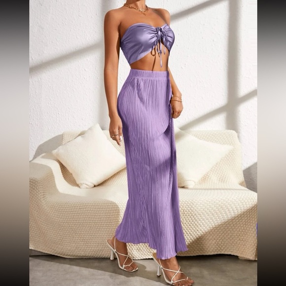 *Natie Shirred Back Drawstring Ruched Front Crop Tube Top & Plisse Skirt Set - Picture 4 of 4
